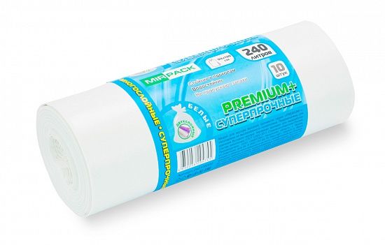 Мешки для мусора 240 л, 45 мкм, ПВД, белые, в рулоне 10 шт, 93х130 см, Premiume, 2 слоя плотные - Вид 2